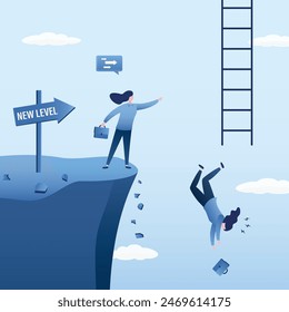 Employee can't handle new project, business failure. Businesswoman loser jumps off cliff and not grab onto ladder to sky. Overcoming obstacles, career ladder, new level. Difficulty skill development.