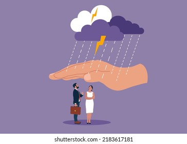 Employee care benefit, worker insurance or protection, leader or boss to help employee. Giant businessman hand cover team member from rainstorm.