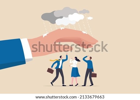 Employee care benefit, worker insurance or protection, boss or manager to protect team and colleagues, leader or boss to help employee concept, giant businessman hand cover team member from rainstorm.