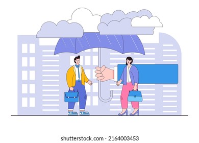 Employee care benefit, worker protection or insurance, boss or manager to safeguard team and coworkers, leader to assist employee concepts. Giant hands cover team member from rainstorm with umbrella.