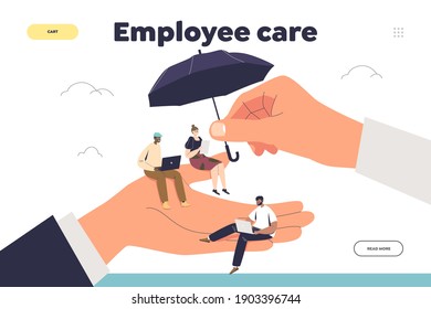 Employee care concept of landing page with tiny workers at giant hand of employer under protective umbrella. Professional support, work balance, wellbeing and protection. Flat vector illustration
