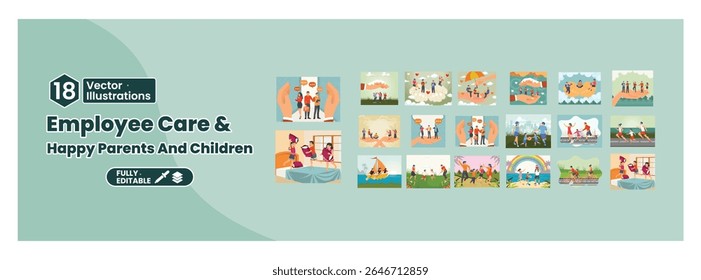 Employee care and happy family moments concept. Set of illustration depicting employee relationships, teamwork, and happy family moments. Mega set.