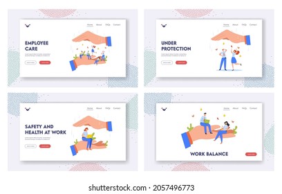 Employee Care Landing Page Template Set. Happy Tiny Workers Sit on Huge Boss Hand. Office Characters Under Protection of Leader, Safety at Work, Benefits for Staff. Cartoon People Vector Illustration