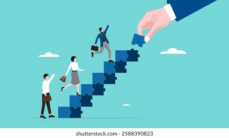 employee career path to help business growing, support from managers or colleagues, teamwork to success together, businessmen and their colleagues spread the path to building a career path of success