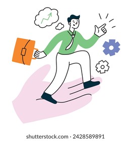 Employee career support, job training and motivation, human resources assisting workers to grow, man climbing up on helping hand, promotion vector illustration, mentor and supervisor