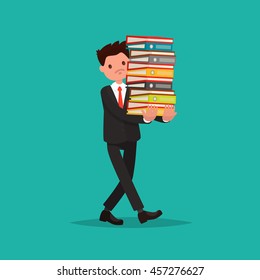Employee carries a large stack of documents. Vector illustration of a flat design