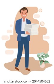 Employee carries a large stack of papers and sheets of paper, the business concept of paper work and workload