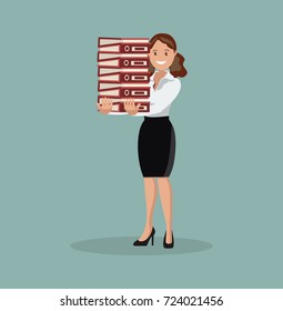 The employee carries a large stack of papers and sheets of paper. Flat design
