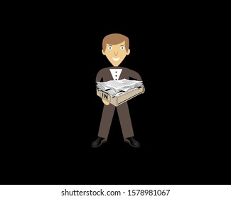 Employee carrying a box of paper that has been printed from a corporate printer. Vector illustration on black background.