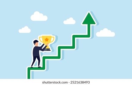 An employee carrying a trophy climbing a chart, an illustration of achievement or recognition for a stellar career.