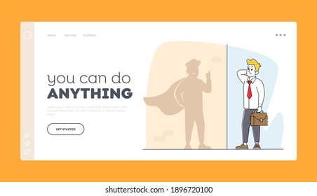 Employee Character Dream to Become Wealthy Businessman Landing Page Template. Usual Office Manager Look at Shadow on Wall Imagine as Successful Business Man Super Hero . Linear Vector Illustration