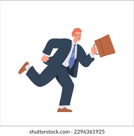 Employee character late for work running fast sprinting to office isolated on white background