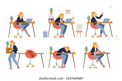 Employee character work with laptop in office. Concept of procrastination, deadline, dismissal. Vector flat illustration of workplace with woman busy, lazy, sleeping, eating, and fired