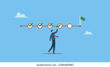 An employee checks off a checklist to achieve a goal. Project tracking, goal tracker, task completion or checklist to remind project progress concept, to do list concept.