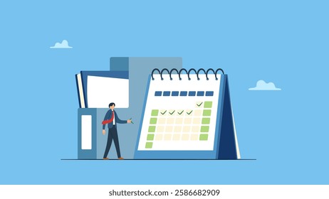 An employee checks off a to-do list on a calendar to achieve a goal. Project tracking, goal tracker, task completion or checklist to remind project progress concept, to do list concept.