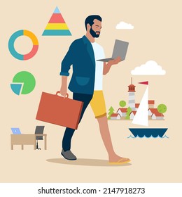 Employee choice to work remotely from resort or on site office for best productivity and result concept, businessman with hybrid cloth work both from resort and office.