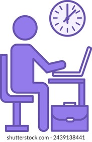 Farbiges Symbol für Mitarbeiter. Vektor-Ikone eines Mannes, der an einem Laptop arbeitet. Arbeite Aktentasche und Uhr. Personalmanagementkonzept