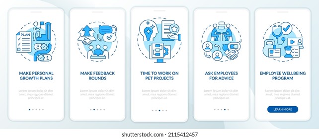 Employee Commitment Activities Blue Onboarding Mobile App Screen. Walkthrough 5 Steps Graphic Instructions Pages With Linear Concepts. UI, UX, GUI Template. Myriad Pro-Bold, Regular Fonts Used