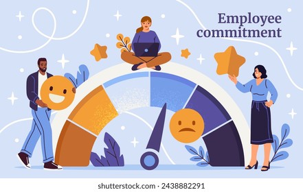 Employee Commitment Level. Happy staff satisfied with working conditions. Workers with stars motivated for business success. Involvement and dedication to company. Cartoon flat vector illustration