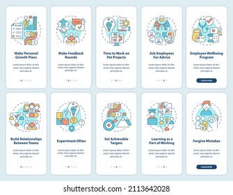 Employee commitment onboarding mobile app screen set. Achievable targets walkthrough 5 steps graphic instructions pages with linear concepts. UI, UX, GUI template. Myriad Pro-Bold, Regular fonts used
