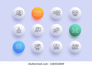 Employee communication set icon. Speech bubble, show presentation, online conference, computer, phone, subordinates. Business concept. Neomorphism style. Vector line icon for Business and Advertising.