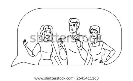 employee community engagement vector. communication team, culture group, together engage employee community engagement character. people black line pencil drawing illustration