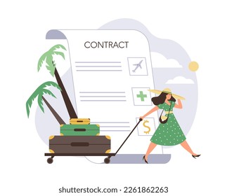 Employee of company goes on paid leave, taking advantage of benefits provided by employer, flat cartoon vector illustration isolated on white background.
