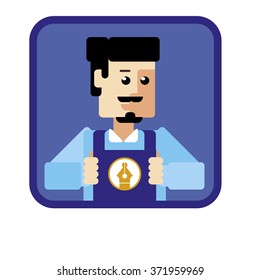 The employee of the company in working clothes shows a logo