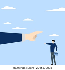 Employee conflict direction concept, small businessman standing in front of giant hand pointing in opposite direction. argument between coworkers, roads agree or opposite, decision problem concept.
