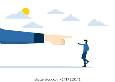 Employee conflict direction concept, small businessman standing in front of giant hands pointing in opposite directions. argument between colleagues, agree or oppose paths, decision problem concept.