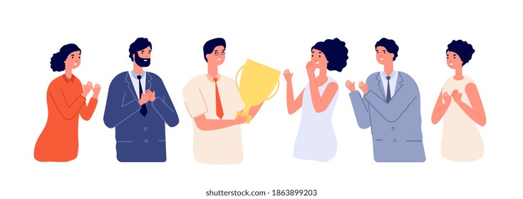 Employee congratulation. Emotional greeting, executive woman get reward from colleagues. Flat successful business team utter vector concept