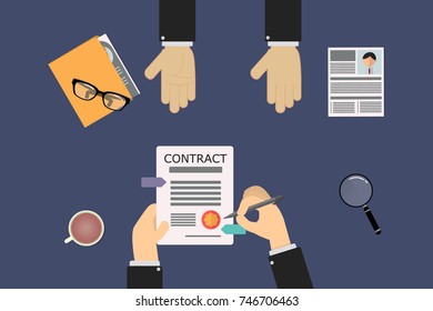 employee contract about to sign in the human resources recruiter office. on the table there is a folder with resumes and magnifying glass. the boss waits for the decision of the prospector.