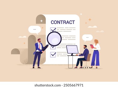 Concepto de Contrato de Empleado. Ilustración vectorial en estilo plano de un grupo de personas en trajes de negocios escribiendo y discutiendo un documento con cláusulas contractuales. Aislado en el fondo 