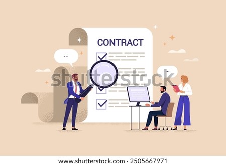 Employee Contract Concept. Vector illustration in flat style of a group of people in business suits writing and discussing a document with contract clauses. Isolated on background 