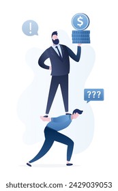 Employee is in corporate slavery. Staff carries boss on back, isolated on white background. Leader controls man with money, debt. Exploitation of office worker. Manager obeys boss. Vector illustration