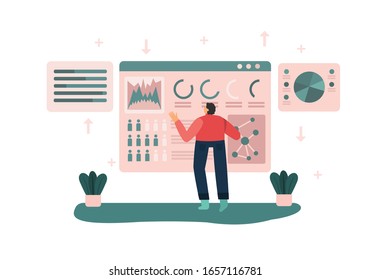 Employee create a dashboard and interact with charts. Data analysis and office situations. Landing page template. Vector illustration.Analysts work. Small man with data analysis graphs and charts