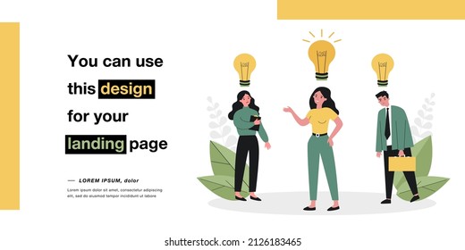 Employee with creative idea in light bulb. Business people with lightbulb on or off over head flat vector illustration. Inspiration, innovation concept for banner, website design or landing web page