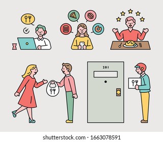 Employee and customer character delivering food online. flat design style minimal vector illustration.