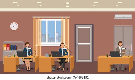 Employee of a customer support service on a work place. Office interior with helpline operators consulting clients online. Vector illustration.