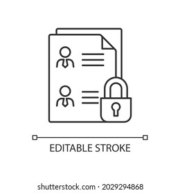 Icono lineal de protección de datos de empleados. Protección de datos personales en el lugar de trabajo. Archivos de personal. Ilustración personalizable de línea delgada. Símbolo de contorno. Dibujo de contorno aislado del vector. Trazo editable