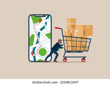 Employee delivering parcel box and smart logistic. Modern vector illustration in flat style.
