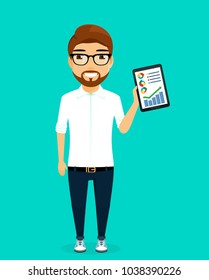 The employee demonstrates the graphics on the tablet. Technologies in business and everyday life. Business concept. In flat style. Cartoon.