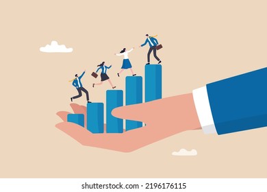 Employee development, talent management or career growth, staff engagement or training and support for success, improvement concept, business people help each other walk up growth graph on HR hand.