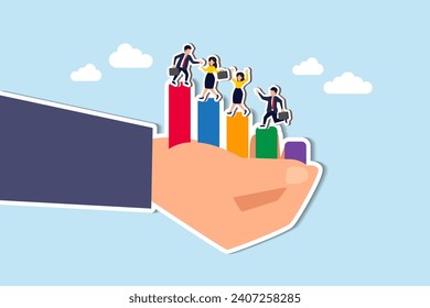 Employee development, talent management or career growth, staff engagement or training and support for success, improvement concept, business people help each other walk up growth graph on HR hand.