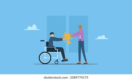 Employee with disabilities get awards. Inclusive office scene. Disabled char collaborate showcasing equality. wheelchairs, supportive colleagues foster a dynamic workspace.