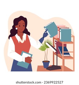 Employee with disability working in office vector illustration. Cartoon isolated scene with young woman putting folders on shelf with prosthesis, accessibility of work for person with special needs