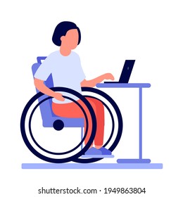 Employee disabled woman on wheelchair work online on laptop. Disabled girl on wheelchair work using computer. Handicap person at workplace. Vector flat illustration