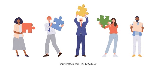 Employee diverse young people cartoon character holding puzzle pieces standing isolated on white