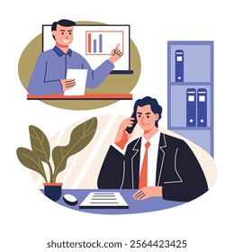 Employee doing call meeting with client, flat illustration

