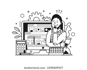Employee doing online personal ability test. Young professional passing career quiz. Student on logic exam. Cognitive testing assessment concept with man on personal evaluation test.